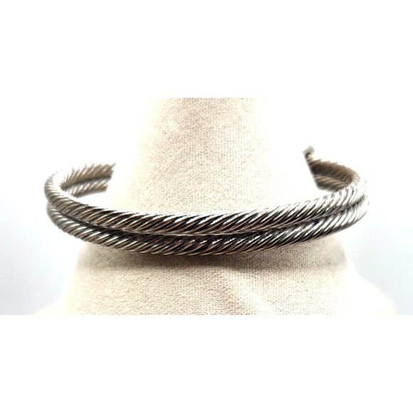 Silver Tone Double Cable Bracelet With Crystal & Filagree End Caps - Cuff - Picture 3 of 5